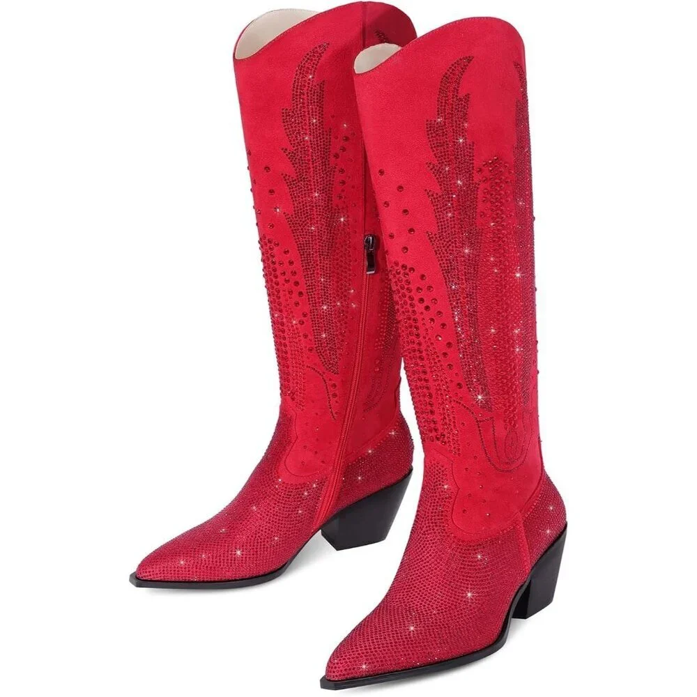 Women Polyurethane Red Knee High Pointed Toe Chunky Heel Rhinestone Tall Boot